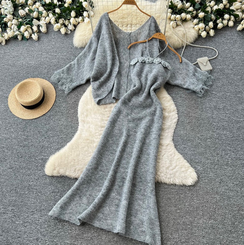 Cardigan&Slip Dress Knitted Patchwork 2Pcs