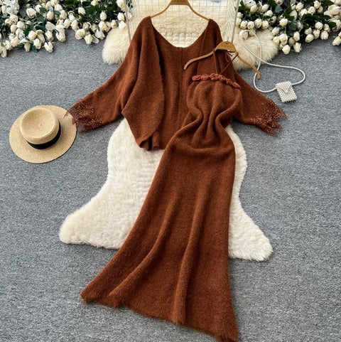 Cardigan&Slip Dress Knitted Patchwork 2Pcs
