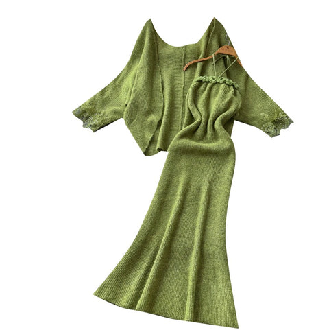 Cardigan&Slip Dress Knitted Patchwork 2Pcs