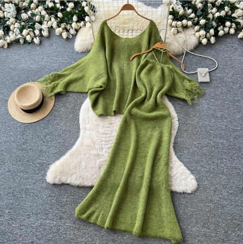 Cardigan&Slip Dress Knitted Patchwork 2Pcs