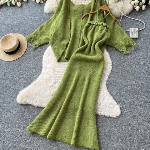 Cardigan&Slip Dress Knitted Patchwork 2Pcs