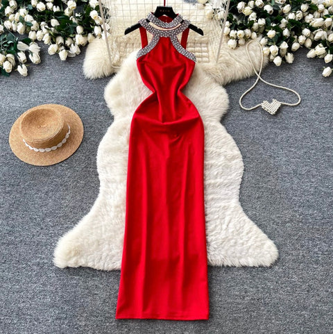 Rhinestone Studded Halter Party Dress