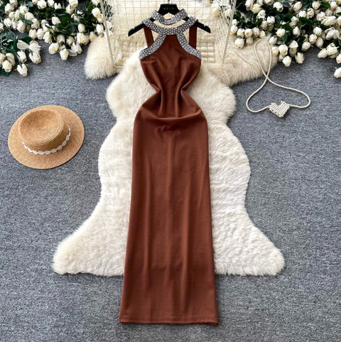 Rhinestone Studded Halter Party Dress