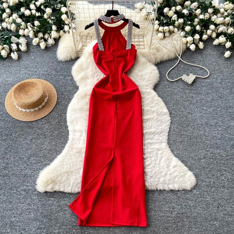 Rhinestone Studded Halter Party Dress