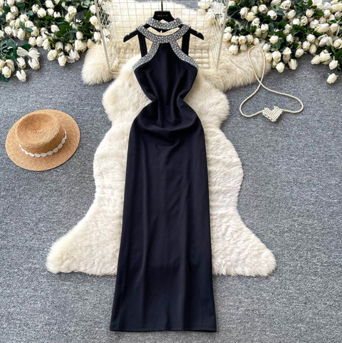 Rhinestone Studded Halter Party Dress