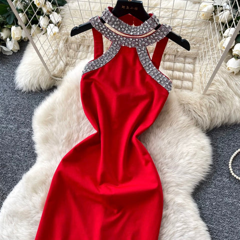 Rhinestone Studded Halter Party Dress