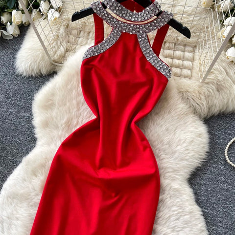 Rhinestone Studded Halter Party Dress