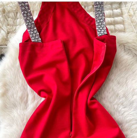 Rhinestone Studded Halter Party Dress