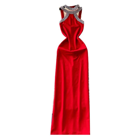 Rhinestone Studded Halter Party Dress