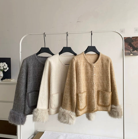 Furry Cuff Thermal Knitted Cardigan