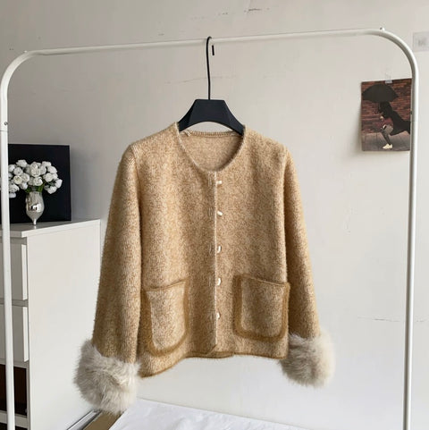 Furry Cuff Thermal Knitted Cardigan