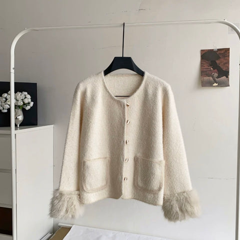 Furry Cuff Thermal Knitted Cardigan