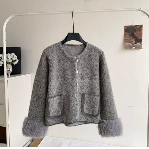 Furry Cuff Thermal Knitted Cardigan