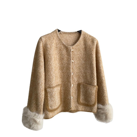 Furry Cuff Thermal Knitted Cardigan