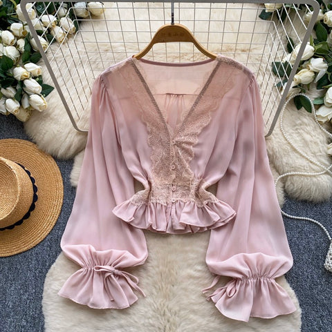 V-neck Lace Patchwork Shirt