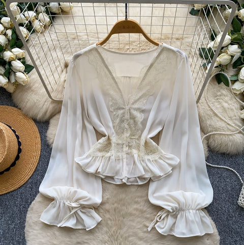 V-neck Lace Patchwork Shirt
