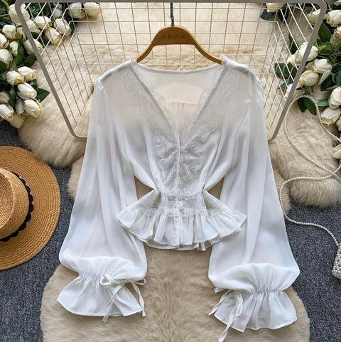 V-neck Lace Patchwork Shirt