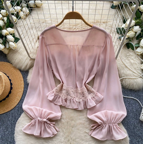 V-neck Lace Patchwork Shirt