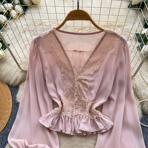V-neck Lace Patchwork Shirt