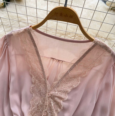 V-neck Lace Patchwork Shirt
