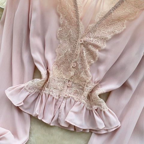 V-neck Lace Patchwork Shirt