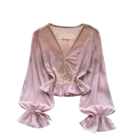 V-neck Lace Patchwork Shirt