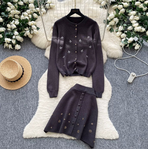 Embroidered Knit Cardigan & Skirt 2Pcs