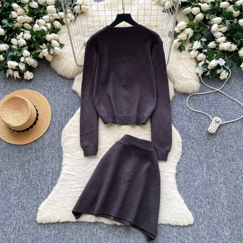 Embroidered Knit Cardigan & Skirt 2Pcs