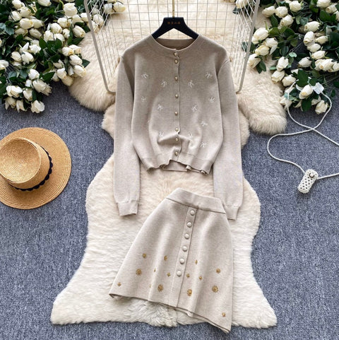 Embroidered Knit Cardigan & Skirt 2Pcs