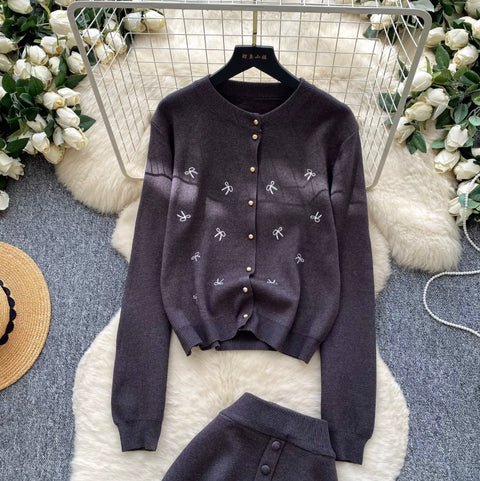 Embroidered Knit Cardigan & Skirt 2Pcs