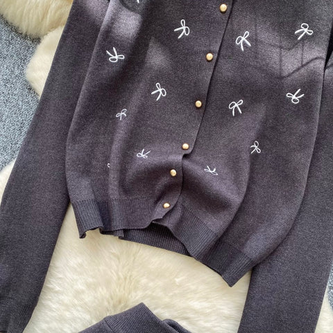 Embroidered Knit Cardigan & Skirt 2Pcs