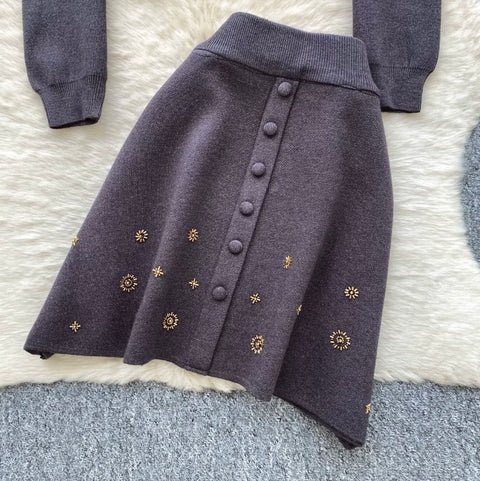 Embroidered Knit Cardigan & Skirt 2Pcs