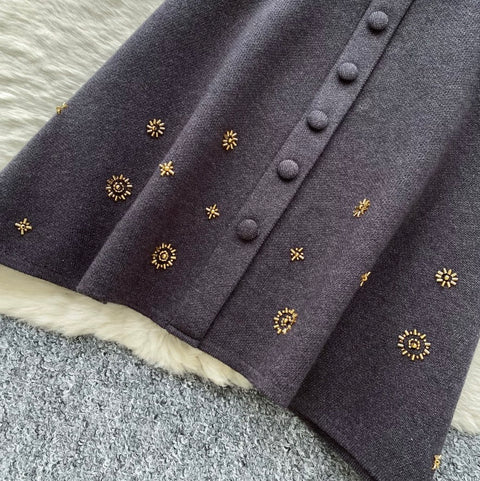 Embroidered Knit Cardigan & Skirt 2Pcs