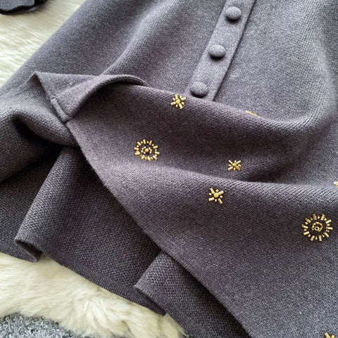 Embroidered Knit Cardigan & Skirt 2Pcs