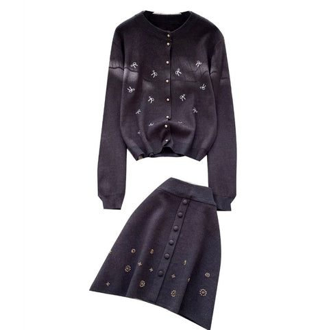 Embroidered Knit Cardigan & Skirt 2Pcs