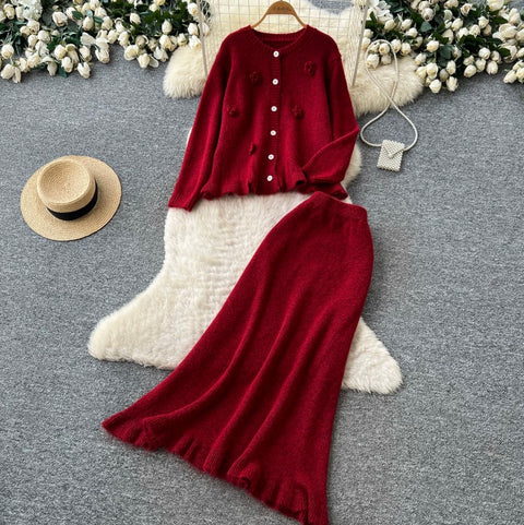 3D Knitted Cardigan & Skirt 2Pcs