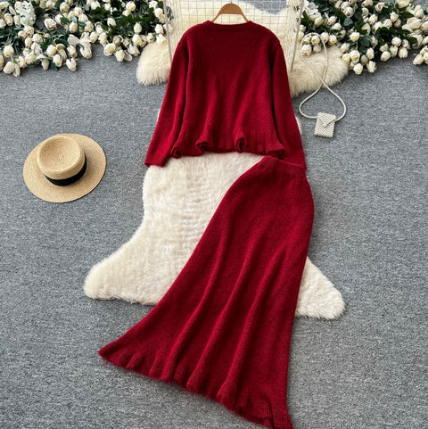 3D Knitted Cardigan & Skirt 2Pcs