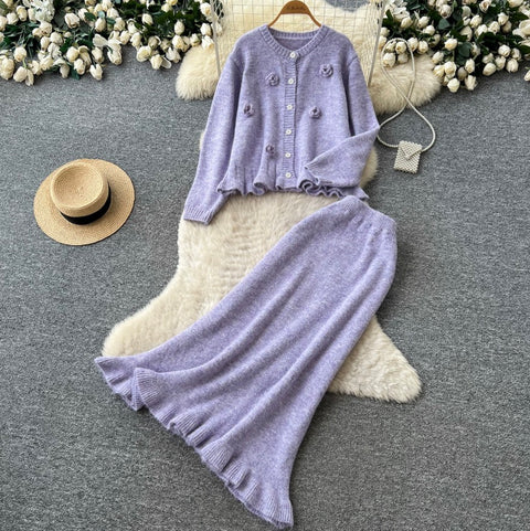 3D Knitted Cardigan & Skirt 2Pcs
