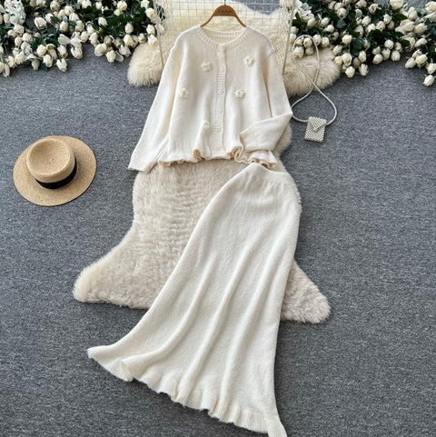 3D Knitted Cardigan & Skirt 2Pcs