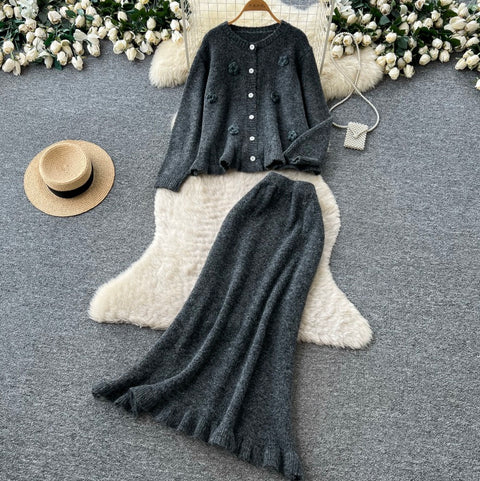 3D Knitted Cardigan & Skirt 2Pcs