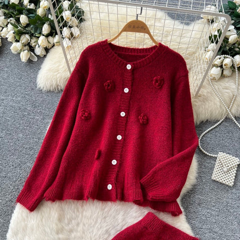 3D Knitted Cardigan & Skirt 2Pcs