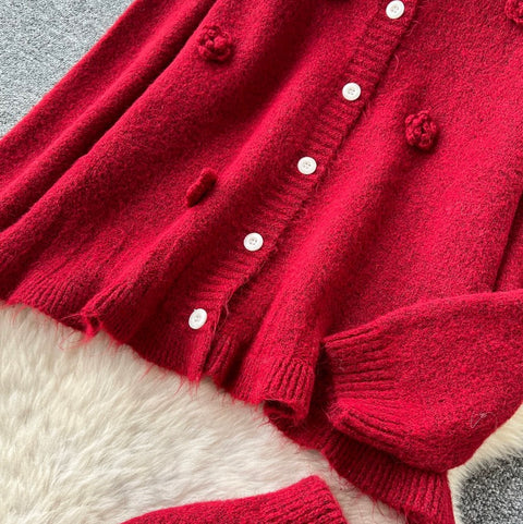 3D Knitted Cardigan & Skirt 2Pcs