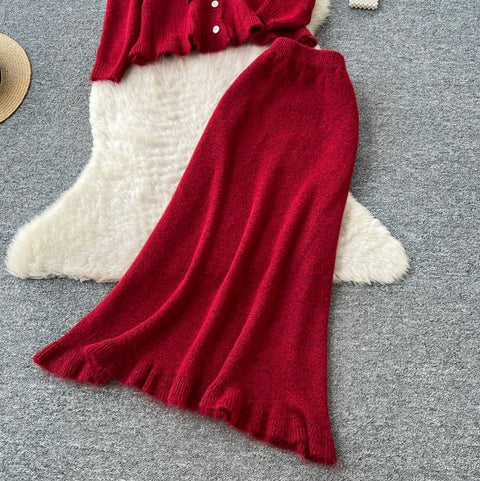 3D Knitted Cardigan & Skirt 2Pcs