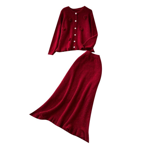 3D Knitted Cardigan & Skirt 2Pcs