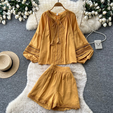 Hollowed Lace Top & Shorts 2Pcs