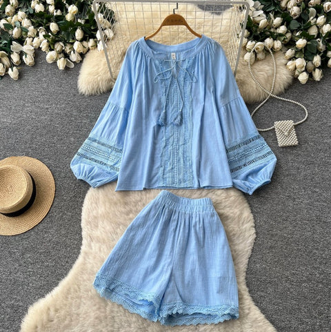 Hollowed Lace Top & Shorts 2Pcs