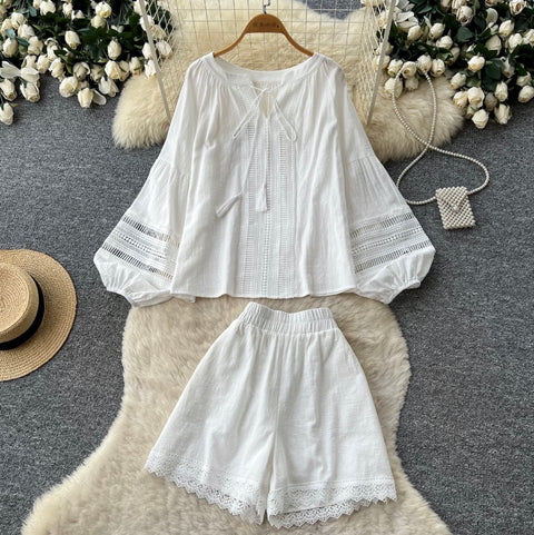 Hollowed Lace Top & Shorts 2Pcs