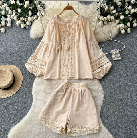 Hollowed Lace Top & Shorts 2Pcs