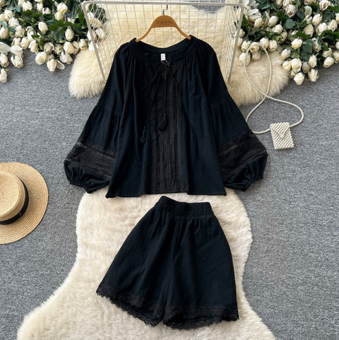 Hollowed Lace Top & Shorts 2Pcs