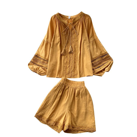 Hollowed Lace Top & Shorts 2Pcs